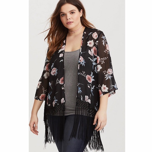 torrid Jackets & Blazers - *TORRID* Black Floral Fringe Kimono
